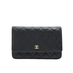 Chanel quilted caviar skin chain wallet black gold metal fittings