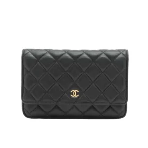 Chanel quilted lambskin chain wallet black gold metal fittings